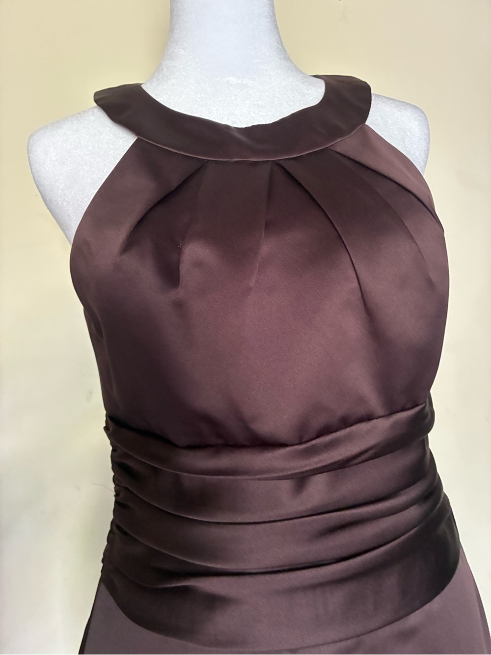 David’s Bridal Chocolate Brown Satin High Neck Rushed Waist Cocktail Dress sz 6 - Picture 3 of 5
